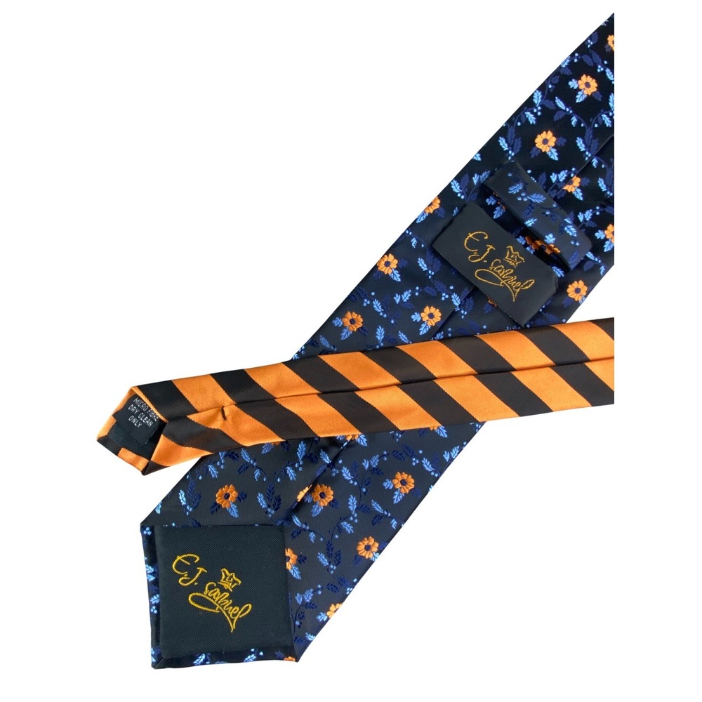 E.J. Samuel Mens Tie Floral Striped Navy Orange Microfiber Formal Long 60x3.5